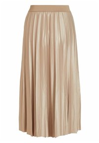 Jupe midi plissée beige avec une large ceinture élastique et une texture de tissu lisse et brillante.