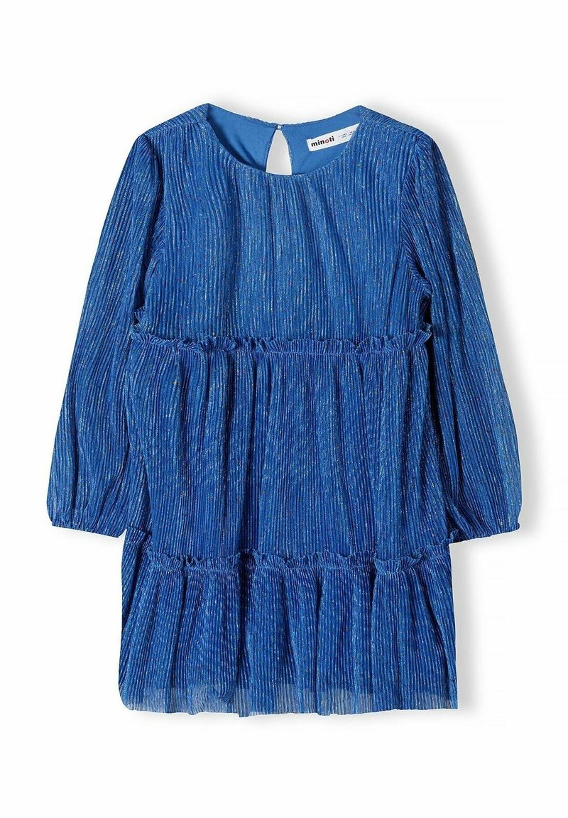 Robe bleue à manches longues, taille froncée et jupe à étages. Fabriquée en tissu texturé avec des détails brillants et une fermeture en forme de trou de serrure à l'arrière.