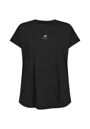 Czarna sportowa koszulka z krótkim rękawem z małym białym logo "Swedish Sportswear" i tekstem na środku klatki piersiowej.