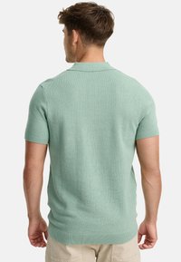 Kurzärmliges Polohemd aus leicht grünem Strickstoff, mit geripptem Kragen und Saum sowie einer strukturierten Oberflächenmuster. Rückansicht dargestellt.