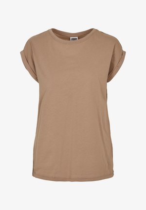 T-shirt marron à manches courtes en tissu doux, avec un col rond, des manches roulées et une coupe décontractée avec des coutures latérales.