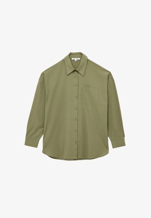 Olive green long-sleeve shirt with a button-up front, pointed collar, and single chest pocket; smooth, textured fabric.