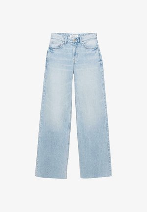 Light wash, wide-leg jeans made of denim. Features a high waist, five pockets, and a zip fly with button closure. Slightly distressed texture.