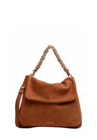 Borsa a tracolla in camoscio marrone con una texture morbida, grande patta e tracolla a catena dorata. Presenta una silhouette arrotondata elegante e il marchio "ORCIANI".