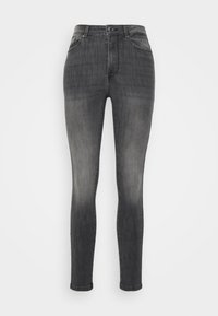 Jeans skinny feitos de denim cinza escuro, com cintura média, design de cinco bolsos e um leve desgaste ao longo das pernas.