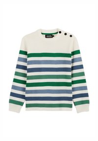 Pull rayé à col rond, avec des rayures alternées de couleur verte, bleue et blanche. Comprend trois boutons noirs sur l'épaule.