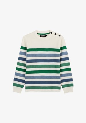 Pull rayé à col rond, avec des rayures alternées de couleur verte, bleue et blanche. Comprend trois boutons noirs sur l'épaule.