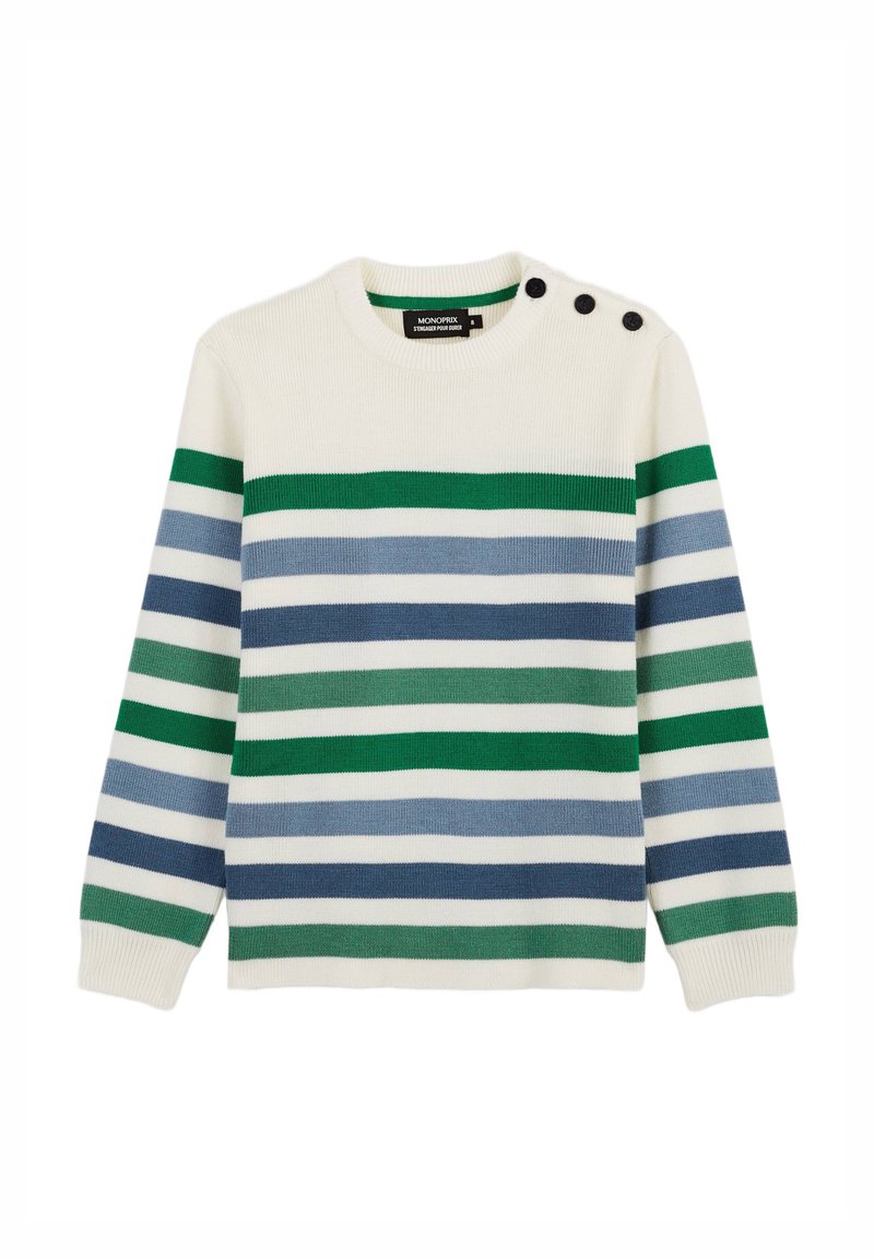 Pull rayé à col rond, avec des rayures alternées de couleur verte, bleue et blanche. Comprend trois boutons noirs sur l'épaule.