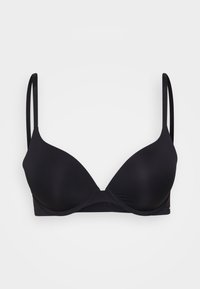 Black padded bra with adjustable straps, seamless design, and soft fabric. Features a subtle logo on the strap.