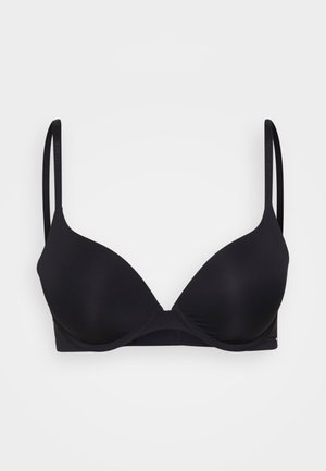 Črni nedrček s podlogo in prilagodljivimi naramnicami, brezšivnega oblikovanja ter mehkega materiala. Opremljen je z diskretnim logotipom na naramnici.