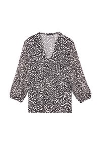 Schwarz-weiße gemusterte Bluse mit V-Ausschnitt, dreiviertel Ärmeln und einem leichten, durchsichtigen Stoff mit Blätterdesign.