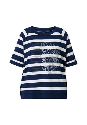 Marineblaues und weiß gestreiftes Kurzarmtop mit Rundhalsausschnitt, vorne mit Text und einer stilisierten Grafik einer Zitronenscheibe.