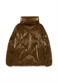 Giubbotto imbottito marrone, lucido e trapuntato, con colletto alto, caratterizzato da un motivo diagonale e polsini elasticizzati. Zip all'orlo inferiore.
