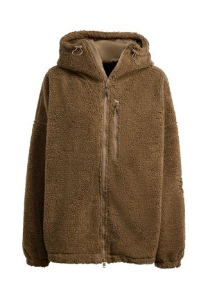 Braune, flauschige Fleecejacke mit Kapuze, Reißverschluss und zwei vorderen Reißverschlusstaschen. Strukturiertes Material und lockere Passform.