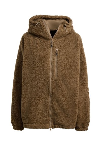Brown fuzzy fleece jacket with a hood, zipper closure, and two zippered front pockets. Textured surface and loose fit design.