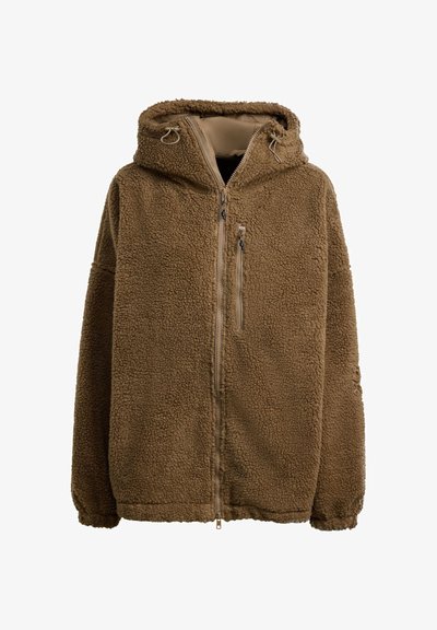 Brown fuzzy fleece jacket with a hood, zipper closure, and two zippered front pockets. Textured surface and loose fit design.