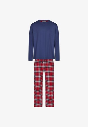 Top a maniche lunghe blu abbinato a pantaloni a quadri rossi con motivi blu e bianchi. Tessuto di cotone morbido, vestibilità rilassata, vita con cordoncino.