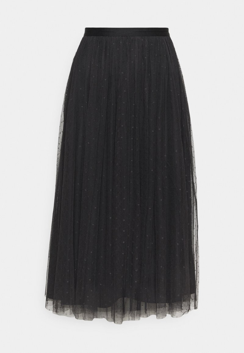 Jupe midi noire avec une superposition transparente présentant de petits motifs d’étoiles et une taille froncée.