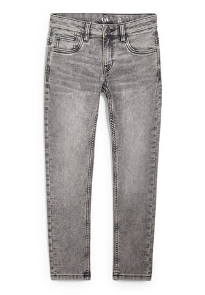 Jeans grigi sbiaditi a taglio slim con bottone frontale, zip e design a cinque tasche.