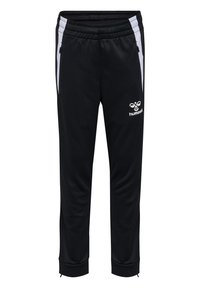 Schwarze Sporthosen mit weißen Seitenstreifen, elastischem Bund und Reißverschlusstaschen. Mit einem Logo am linken Bein. Weiches, strukturiertes Gewebe.