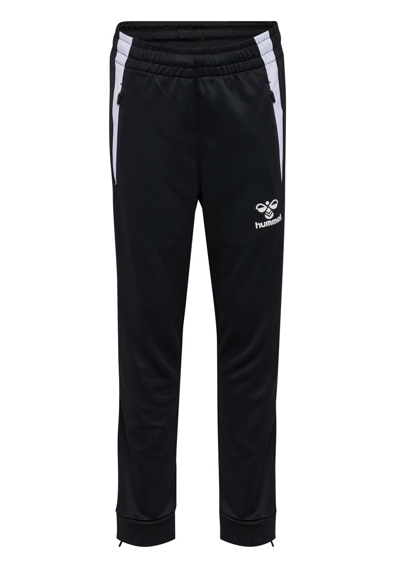 Schwarze Sporthosen mit weißen Seitenstreifen, elastischem Bund und Reißverschlusstaschen. Mit einem Logo am linken Bein. Weiches, strukturiertes Gewebe.