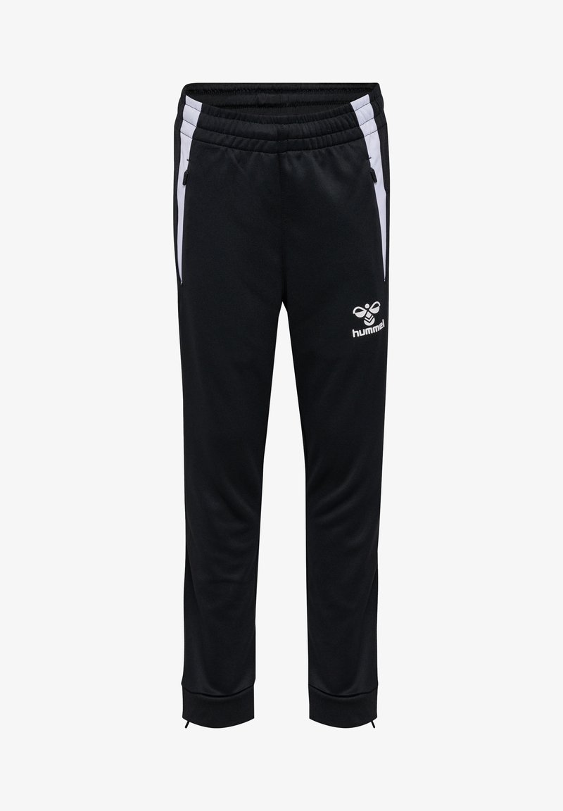 Schwarze Sporthosen mit weißen Seitenstreifen, elastischem Bund und Reißverschlusstaschen. Mit einem Logo am linken Bein. Weiches, strukturiertes Gewebe.