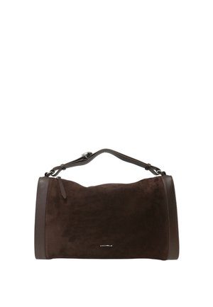 Borsa in suede e pelle marrone scuro con una tracolla corta regolabile e una chiusura a zip sulla parte superiore.
