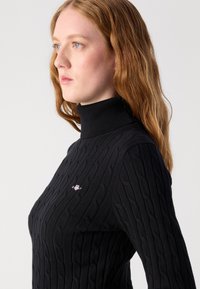 Must mustrik  turtleneck, mustreeritud musta värvi, koos soonikuga kraega. Rinnas on väike brändi emblem ja kogu mustris on tekstuur.