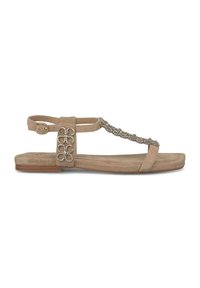 Sandalo in suede beige con suola piatta, caratterizzato da una fascia superiore decorativa con perline e una cinghia con fibbia alla caviglia per una vestibilità sicura.