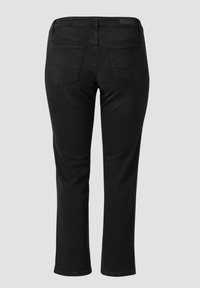 Jean en denim noir, avec une coupe droite, une taille mi-haute, deux poches arrière et une texture lisse.