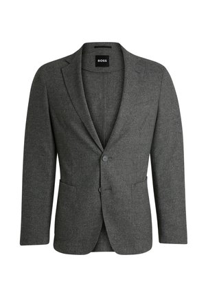 Grau wollener Blazer mit Reverskragen, zwei Knöpfen und zwei Vorderaschen. Texturiertes Material mit taillierter Passform. Markenlabel innen sichtbar.