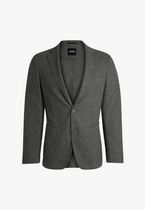 Blazer grigio in lana con rever a lancia, due bottoni e due tasche frontali. Tessuto strutturato con vestibilità su misura. Etichetta del marchio visibile all'interno.
