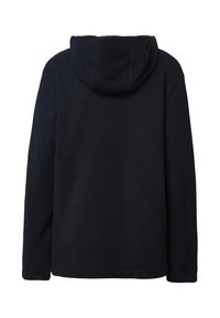 Marineblauer gerippter Kapuzenpullover mit langen Ärmeln, strukturiertem Stoff und lockerer Passform. Die Kapuze ist weich und hat eine abgerundete Form. Keine sichtbaren Verschlüsse.