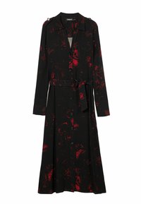 Pikk must kleit punaste abstraktsete mustritega, nööpidega ette, krae, õlavarre aktsendid ja sobiv vöö talje juures. Pehme kangas.