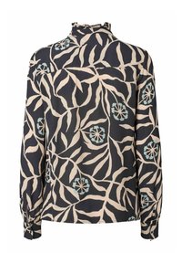 Bluzka z długim rękawem z czarnym tłem oraz kremowymi i jasnoniebieskimi wzorami kwiatowymi, z falbanianym kołnierzykiem i mankietami na guziki. Wykonana z lekkiego materiału.