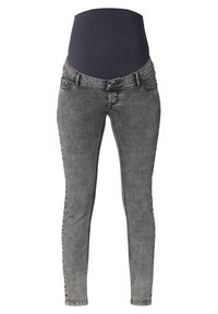 Graviditets skinny jeans i grå denim, med hög stretchmidja och klassisk 5-ficka design, med en något blekt textur.