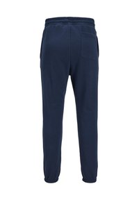Navy blue sweatpants with a soft texture, elastic waistband, and ankle cuffs. Features side pockets and a back pocket for storage.