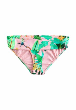 Rozā bikini apakšdaļa ar zaļu tropisko lapu un ziedu rakstu, ar platām, pārklājamām jostas vietām.