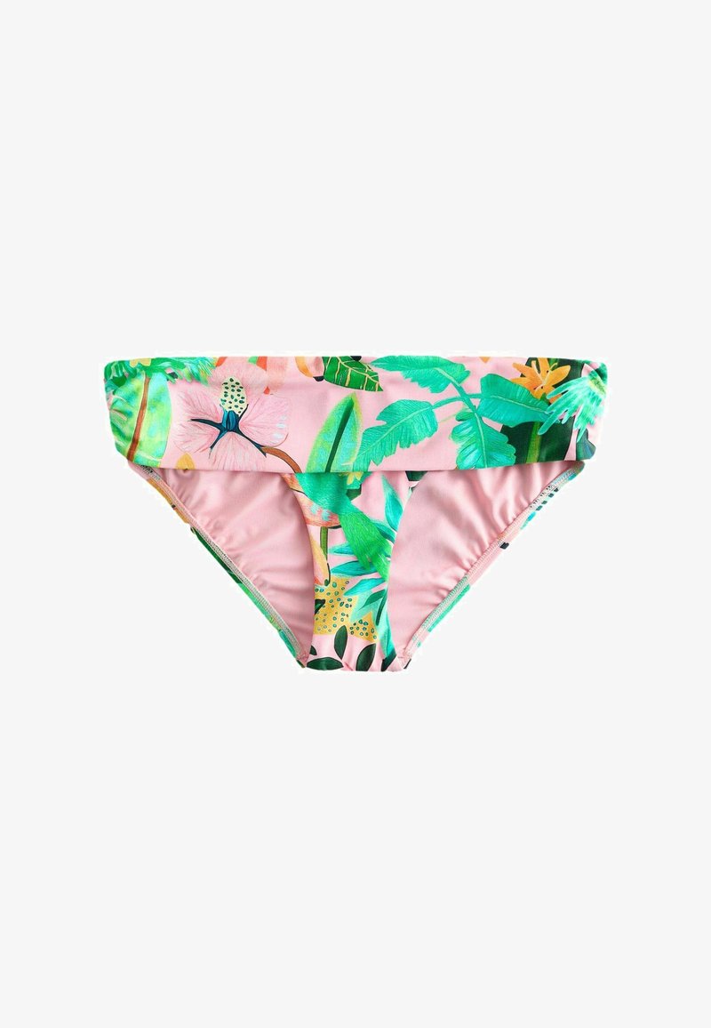 Bas de bikini rose avec un motif de feuilles tropicales vertes et de fleurs, doté d'une large ceinture rabattable.