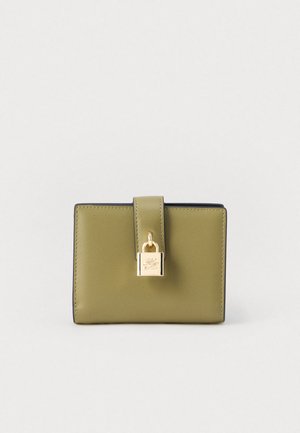 Olive green rectangular wallet with stitched edges and a central gold-tone padlock clasp on a white background.