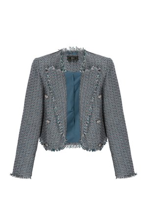 Niebiesko-szara kurta z tweedu, krótka, z frędzlami na krawędziach, długimi rękawami, srebrnymi guzikami i turkusową podszewką.