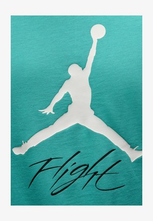 Teal stoffen met een grote witte silhouet van een basketballer die springt om te dunker, met daaronder zwarte tekst die "Flight" leest.