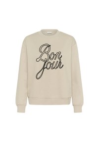 Beige sweatshirt with long sleeves, ribbed cuffs and hem, featuring black cursive "Bonjour" embroidery on the front. Soft texture.