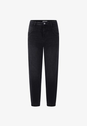 Schwarze Denim-Jeans mit geradem Bein, fünf Taschen und einem Knopfverschluss an der Taille. Glatte Textur und klassisches Design.