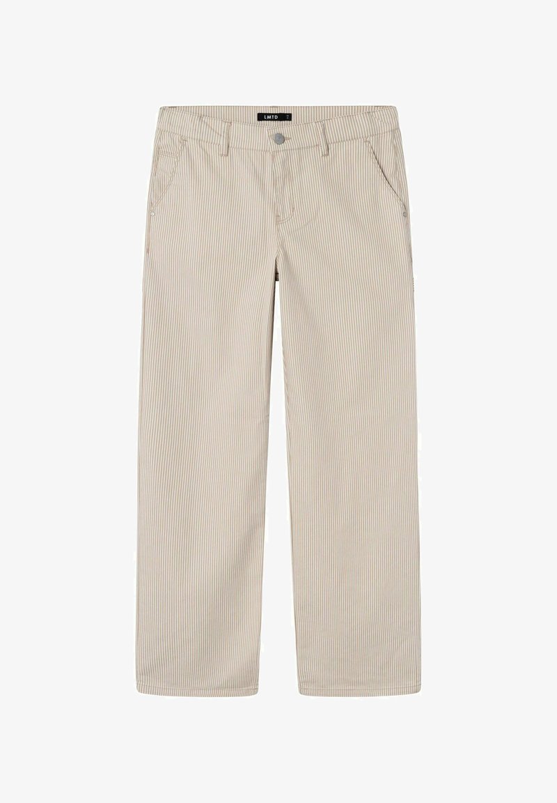 Pantaloni a gamba larga a righe beige realizzati in tessuto leggero, con chiusura a bottoni, passanti per cintura e tasche laterali per praticità.