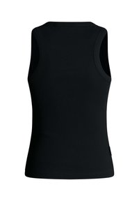 Μαύρο αμάνικο τοπ με ριμπ ύφανση, στρογγυλή λαιμόκοψη και εφαρμοστή γραμμή. Διαθέτει μικρή ετικέτα της μάρκας στο κάτω μέρος.