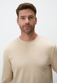 Felpa beige a girocollo realizzata in un materiale morbido. Presenta maniche lunghe e una texture liscia con cuciture minime.