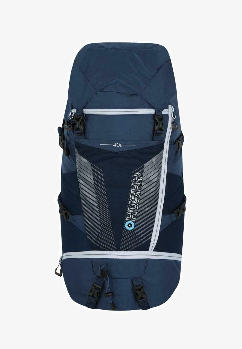 Námořnická modrá batoh o objemu 40L s nastavitelnými popruhy, několika zipy a geometrickými akcenty. Vyrobeno z odolné látky s vyztuženým šitím.