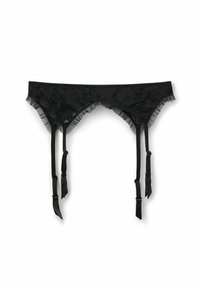 Cinta de liguero de encaje negro con bordes rizados, con cuatro tirantes ajustables y un patrón floral. Textura suave y acabado liso.