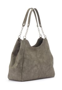 Grey faux suede tote bag with chain-accented handles, soft texture, and a wide opening, featuring a slouchy design for easy accessibility.